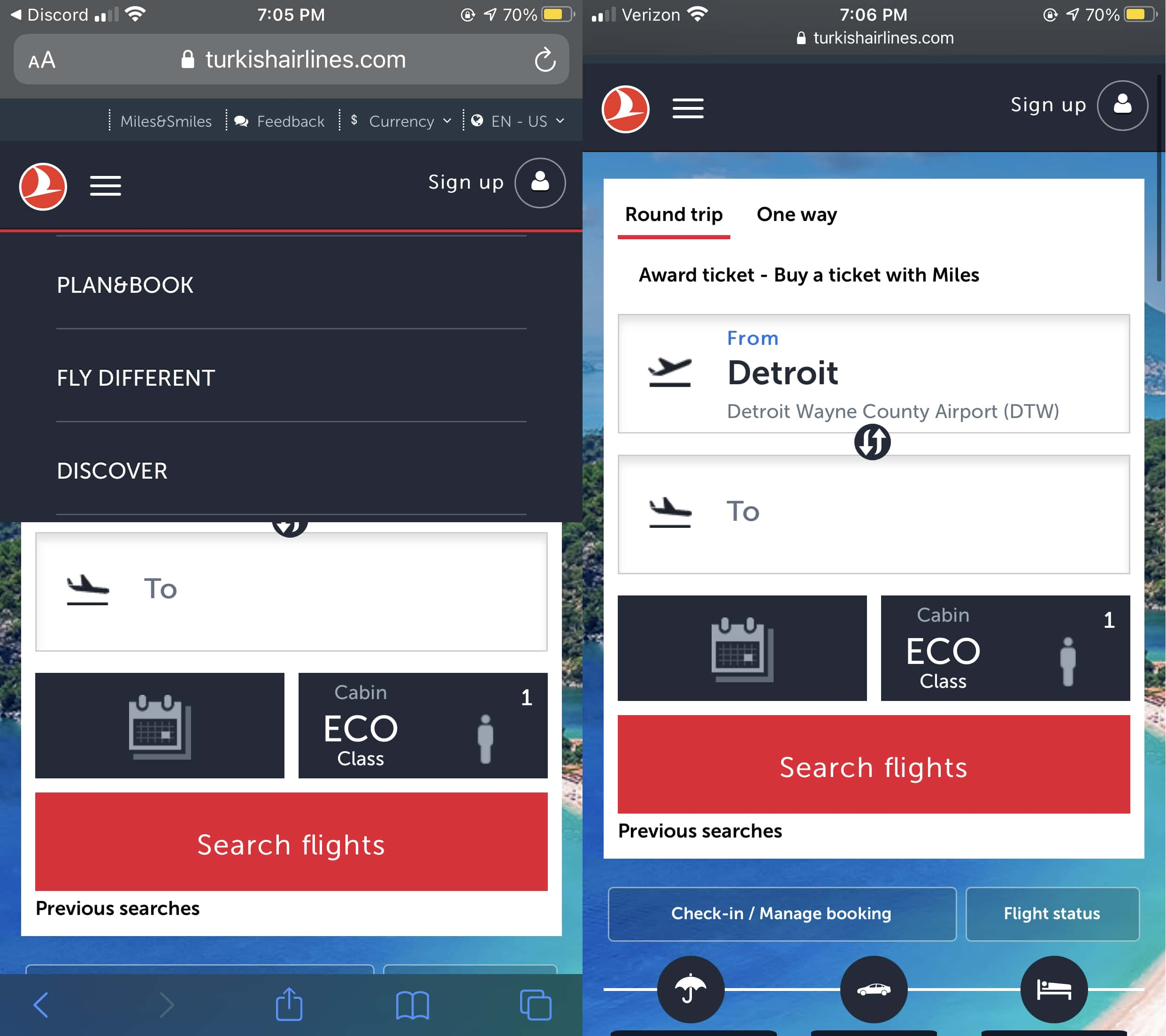 Turkish Airlines mobile website Turkish Airlines mobile website
